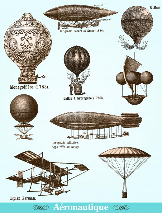 Early airships, including the Montgolfiere, one of the first hot air balloons.