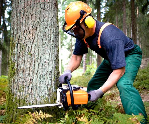 A man using a chainsaw, a type of power tool.