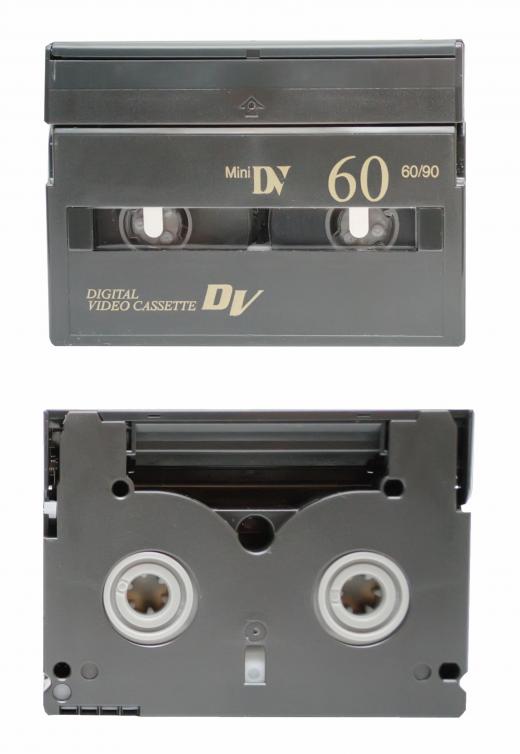 Front and back views of cassettes for a MiniDV camcorder.