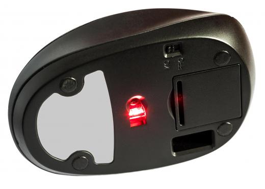 The bottom of an optical mouse features an LED rather than a ball and rollers.